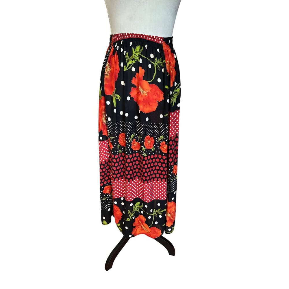 Vintage Womens Floral Polka Dot Midi Skirt Elastic Waist W28" Festive Spring